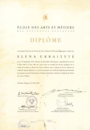 Freiburgo dailės ir amatų mokyklos baigimo diplomas išduotas Elenai Urbaitytei 1949 m. birželio 25 d. Su E.
