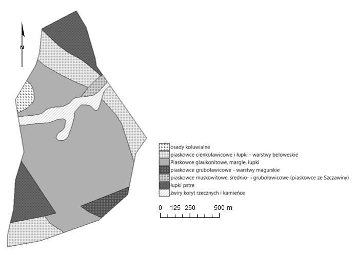 Na potrzeby opracowania finalnej mapy, dotyczącej podatności obszaru na osuwanie, stworzono warstwy tematyczne służące do przeprowadzenia dalszej analizy topografii i podłoża zlewni.