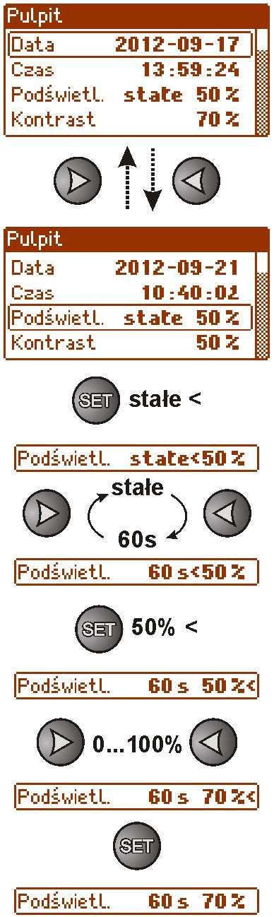 Ustawienie trybu podświetlenia. Intensywność podświetlenia wyświetlacza LCD można ustawić w zakresie 0 100% z krokiem 10%. Wyświetlacz posiada funkcję stałego lub czasowego podświetlania.