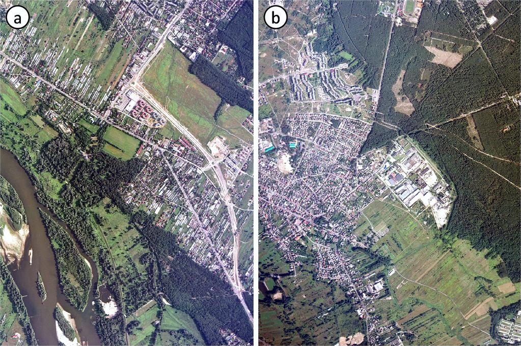 Comparison of efficiency of extraction of built-up areas in aerial images using fractal analysis... 31 Fig. 1. Test area, a) Jabłonna, b) Karczew. Ryc. 1. Obszary testowe, a) Jabłonna, b) Karczew.