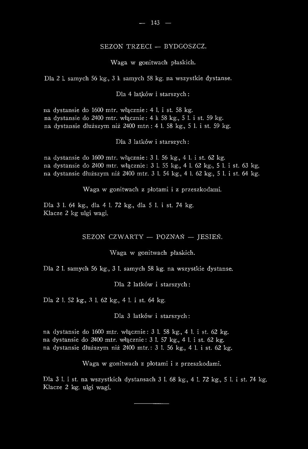 samych 56 kg., 3 1. samych 58 kg. na wszystkie dystanse. Dla 2 latków i starszych: Dla 2 1. 52 kg., 3 1. 62 kg, 4 1. i st. 64 kg. Dla 3 latków i starszych: na dystansie do 1600 m.tr. włącznie : 3 1.