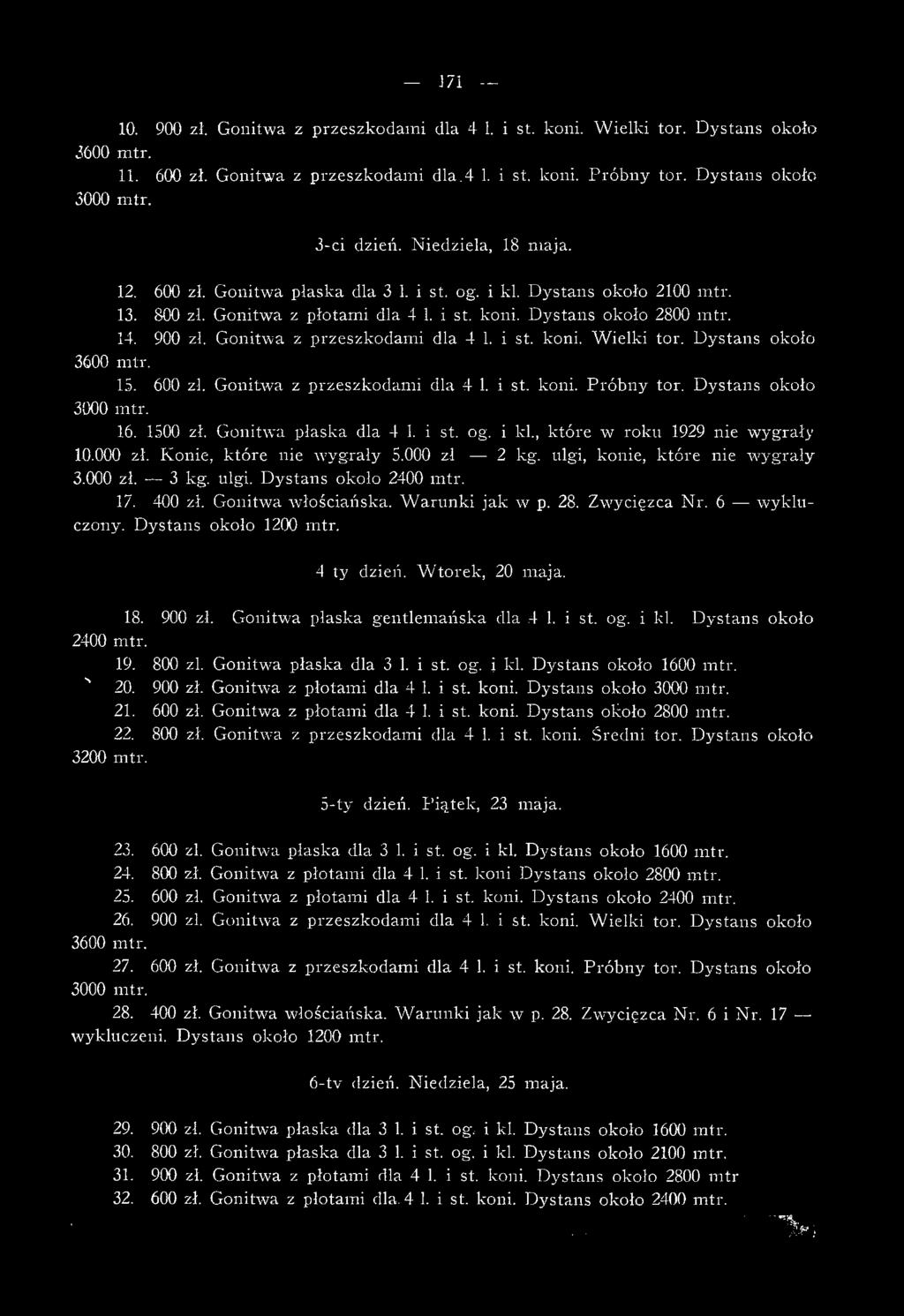 17. 400 zł. Gonitwa włościańska. W arunki jak w p. 28. Zwycięzca Nr. 6 wykluczony. Dystans około 1200 mtr. 4 ty dzień. W torek, 20 maja. 18. 900 zł. Gonitwa płaska gentlemańska dla.4 1. i st. og.