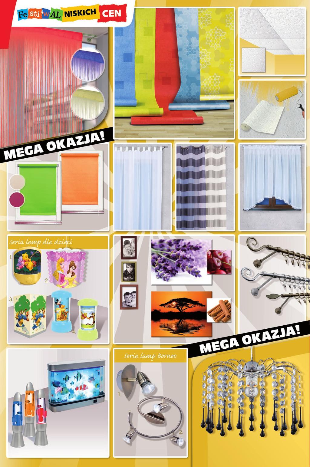 2 69 m 2 Kaseton tłoczony Barcelona wym. 50 x 50 x 0,8 cm 9 Firanka sznurkowa wym. 100 x 200 cm 9 Tapeta papierowa Trend wym. 0,53 x 10 m 14 Tapeta winylowa Cubes na flizelinie wym.