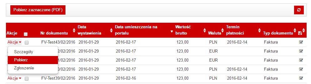 3.1 Pobieranie dokumentów Aby pobrać wybrany dokument należy z pola akcje wybrać Szczegóły, a następnie wybrać Pobierz PDF.