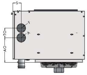 Wersja urządzenia z pionowym wyjściem króćców spalin (F) i poboru powietrza do spalania (A) usytuowanie króćców na górnej ścianie nagrzewnicy: Model Nagrzewnicy ROZWIĄZANIE STANDARD Pozycja
