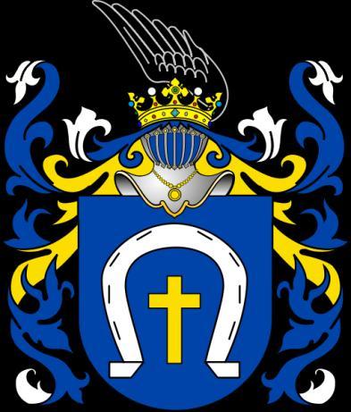 rechts ein goldener Stern, unten ein nach oben geöffneter Halbmond; Helmschmuck: drei aufrecht stehende Pfeilspitzen). Die adlige polnische Familie Tepa Podkowa.