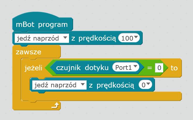 Po ułożeniu klocków uczniowie wgrywają program do robota i weryfikują, czy działa robot jedzie do przodu, a przy krawędzi stołu zatrzymuje się.