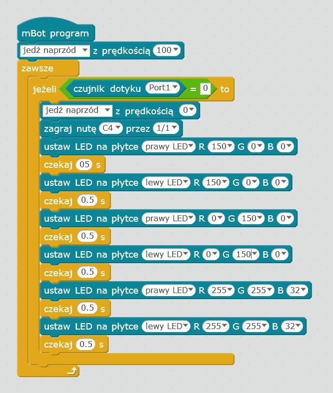 Możemy też poprosić uczniów o ułożenie programu zgodnie z powyższym przykładem i przeanalizowanie wspólnie z nimi działania bloku z diodą, np. co powodują zmiany w poszczególnych parametrach bloku.