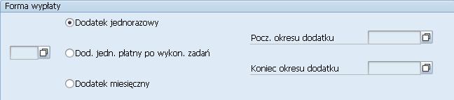 Pola Procent 1 oraz Procent 2 muszą się sumować do 100. 6. Wybierz odpowiednią formę wypłaty dodatku specjalnego: W zależności od rodzaju dodatku należy wybrać: Dodatek jednorazowy Dodatek jedn.