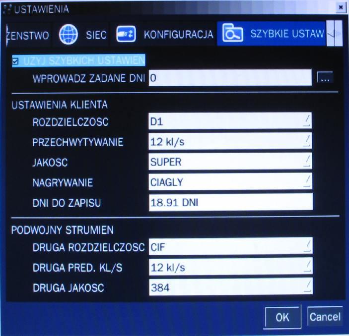 4.10 SZYBKIE USTAWIENIA W menu ustawień SETUP wybierz zakładkę SZYBKIE USTAW. Po wejściu do menu (obrazek poniżej), za pomocą myszy można poruszać się po menu i zmieniać wartości ustawień.