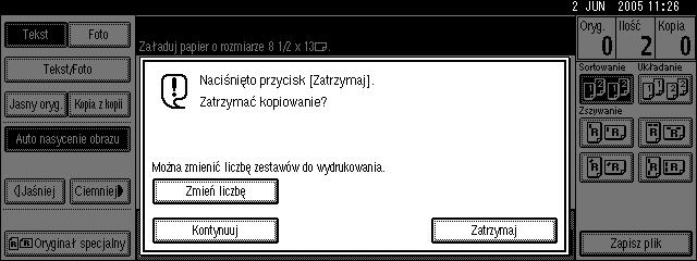 Funkcje kopiarki Zmiana liczby kompletów Liczbê kompletów kopii moåna zmieniæ podczas kopiowania. Z tej funkcji moåna korzystaæ tylko wtedy, gdy zostaâa wybrana funkcja Sortowanie.