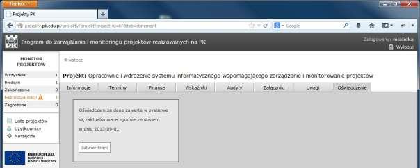 W obszarze monitora projektów podane są podsumowania dotyczące tylko tych projektów.