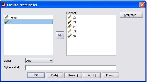 L a b o r a t o r i u m S P S S S t r o n a 2 Jako model wybierzemy Alfa (Alfa Cronbacha). Otrzymujemy raport.