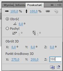 Zaznaczamy klatkę 1 i tym razem modyfikujemy wartość Y Obrotu 3D wpisujemy 120.