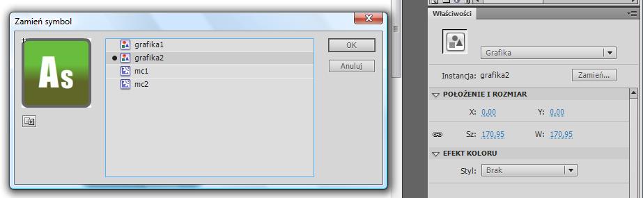 Powielamy także klip mc1. Kopię nazywamy mc2 i edytujemy ją dla zamiany symbolu graficznego. Wewnątrz nowego klipu zaznaczamy leżącą na scenie grafikę i w panelu Właściwości wciskamy przycisk Zmień.