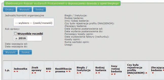 Ryc. 3. Widok zakładki głównej Elektronicznego Rejestru wydanych postanowień o dopuszczeniu dowodu z opinii biegłego.