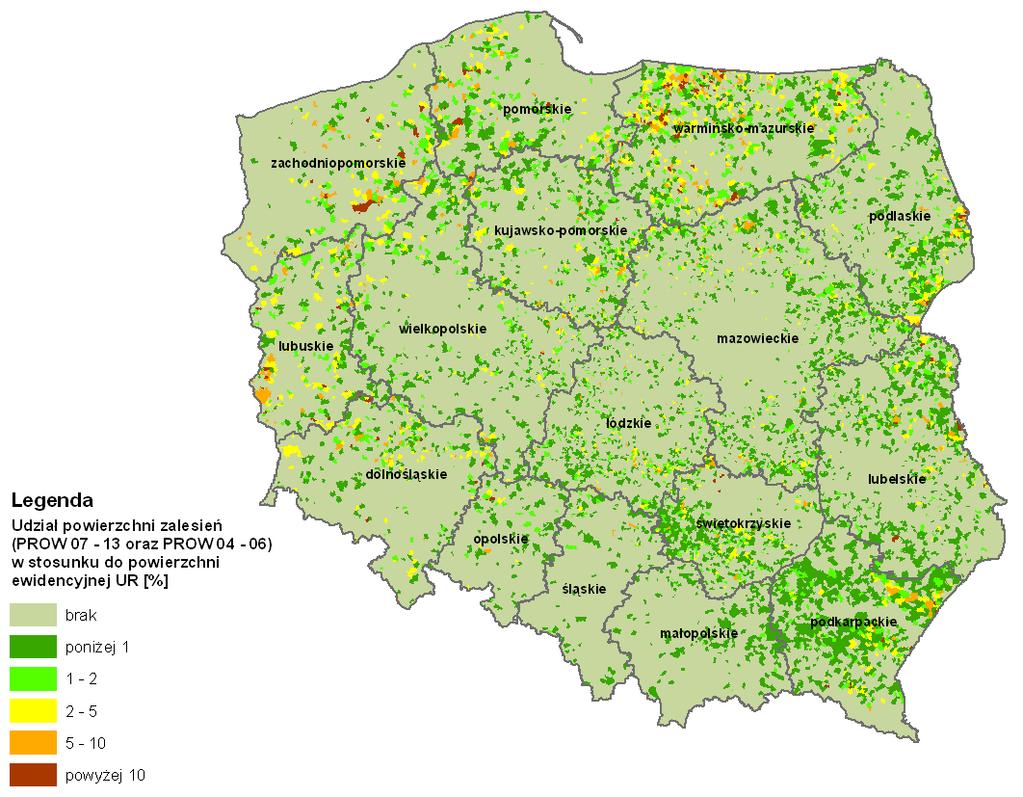 Zalesianie gruntów rolnych oraz zalesianie gruntów innych niż rolne (221/223) Źródło: Ocena średniookresowa PROW 2007-2013 Małopolskie Kujawsko - pomorskie Podkarpackie Pomorskie Świętokrzyskie