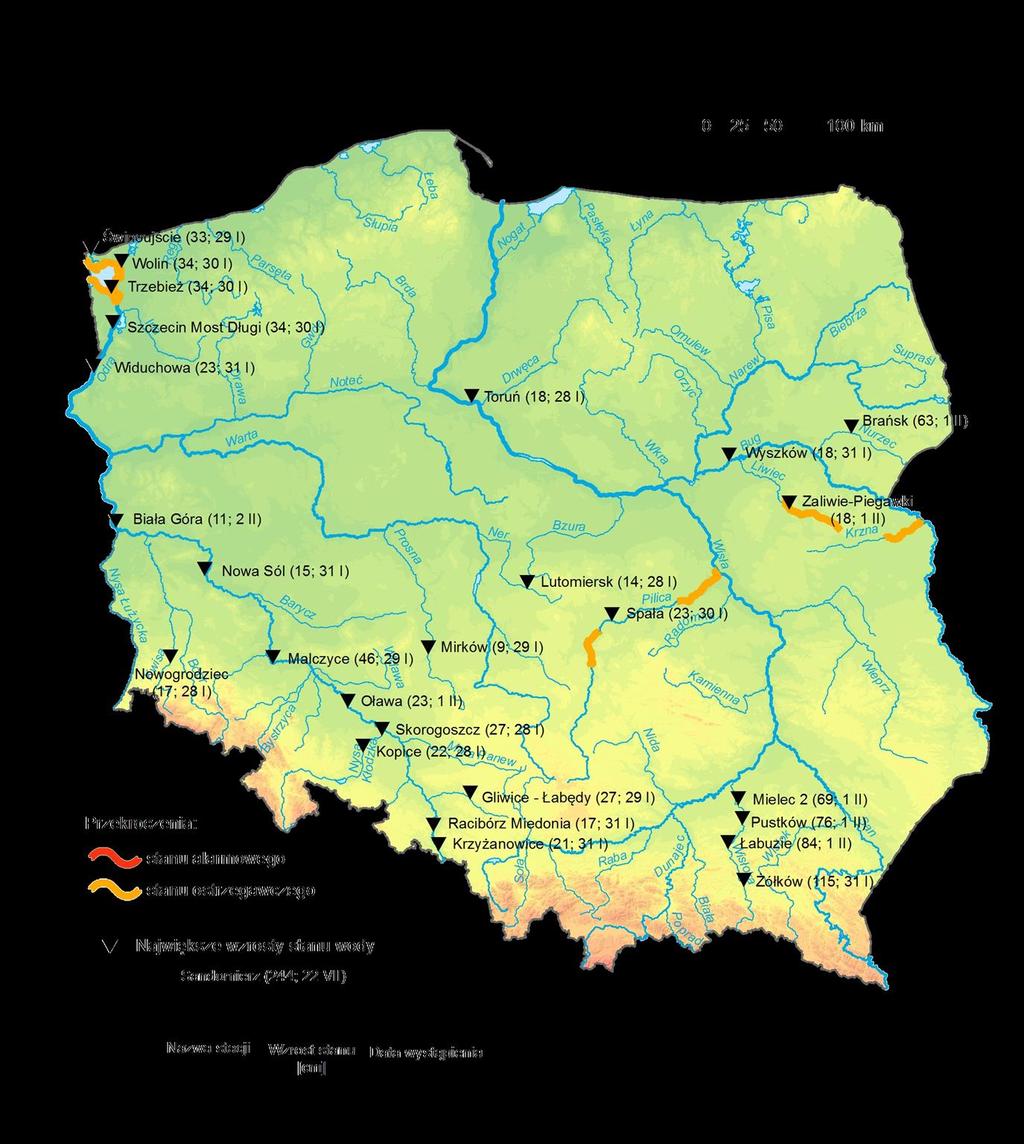 4. Przekroczenia stanów ostrzegawczych i alarmowych oraz najwyższe dobowe wzrosty stanu