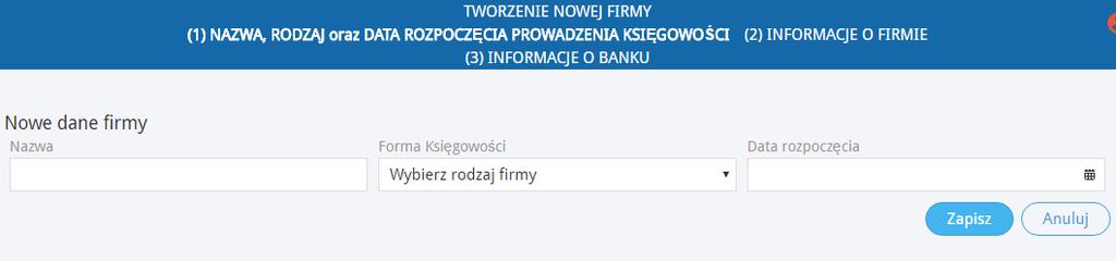 Po pierwsze, wprowadź nazwę firmy, wybierz formę księgowości: Pełna Księgowość oraz datę rozpoczęcia pracy w programie.