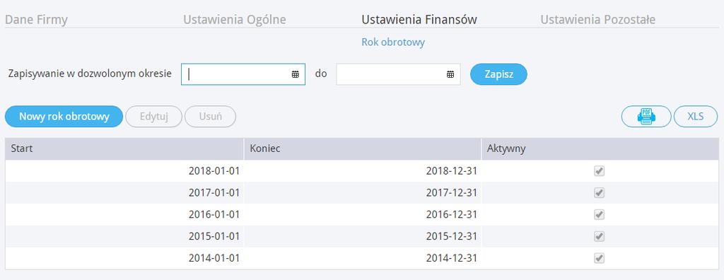 Lata obrotowe, które znajdują się poza okresem działalności danej firmy, mogą zostać usunięte poprzez kliknięcie w Usuń lub na końcu danego wiersza.