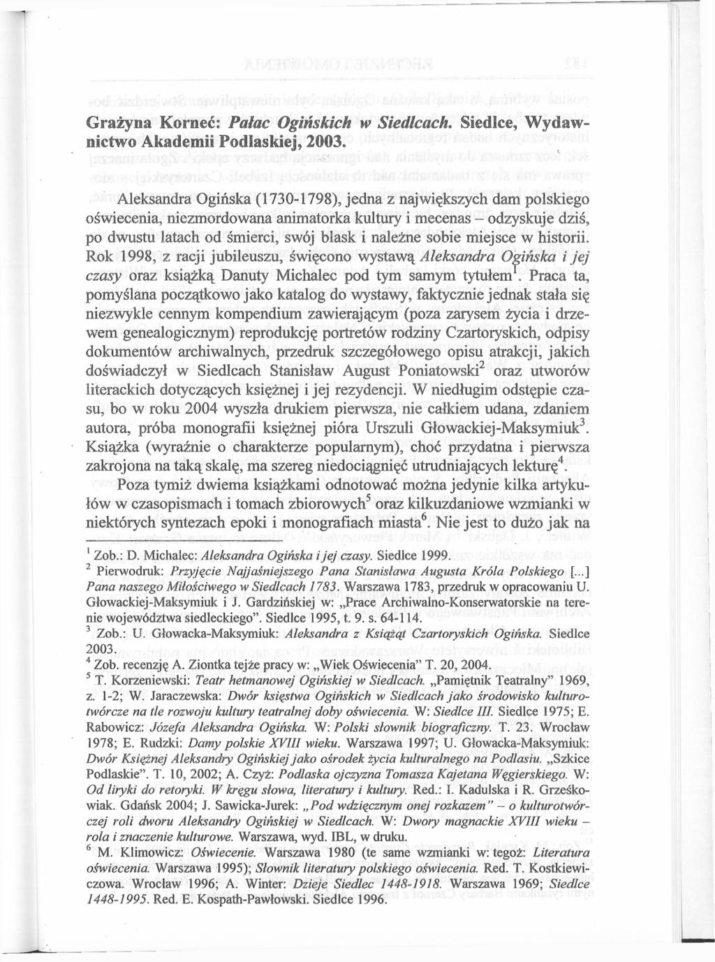 Grażyna Korneć: Pałac Ogińskich w Siedlcach. Siedlce, Wydawnictwo Akademii Podlaskiej, 2003.