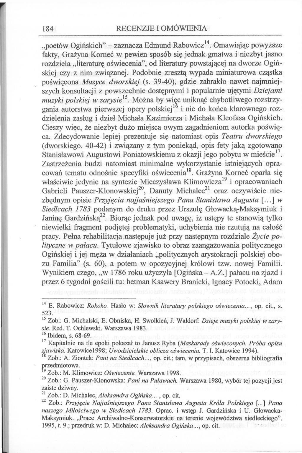 184 RECENZJE I OMÓWIENIA poetów Ogińskich" - zaznacza Edmund Rabowicz 14.