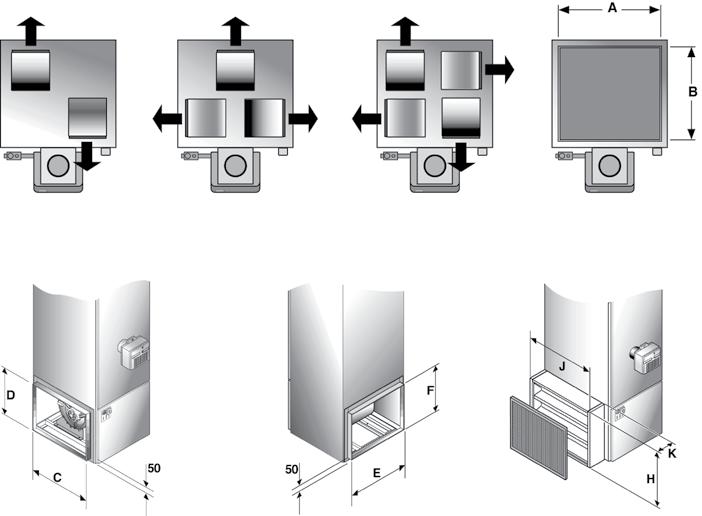 Nagrzewnice wolnostojące Szczegóły wylotu i wlotu powietrza VN/V Wylot dyszy 30-60 Wylot dyszy 75-120 Wylot dyszy 135-375 Króciec kanału nawiewnego Króciec kanału recyrkulacyjnego i iltry VN/V 50 50