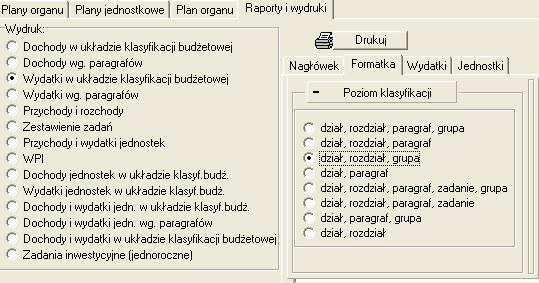 a) zaznaczyć opcje wydruku Wydatki w układzie klasyfikacji budŝetowej b) przejść na zakładkę Jednostki i zaznaczyć wszystkie jednostki lub wybrane c) przejść na zakładkę formatka a tam kliknąć