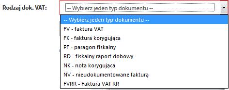 Wprowadzanie nagłówka faktury I. W pierwszym kroku należy otworzyd wybrany rejestr sprzedaży II. Nacisnąd przycisk Dodaj nową pozycje rejestru III. Wybrad rodzaj dokumentu sprzedaży IV.