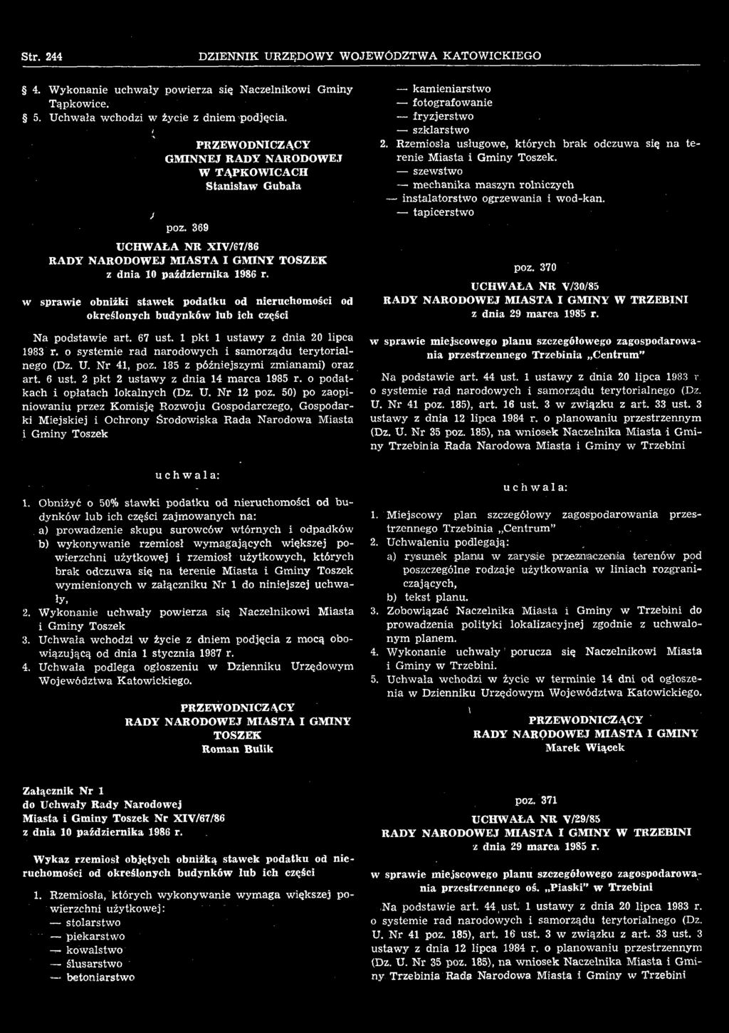 50) po zaopiniowaniu przez Komisję Rozwoju Gospodarczego, Gospodarki Miejskiej i Ochrony Środowiska Rada Narodowa Miasta i Gminy Toszek 1.