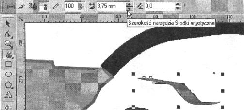 63. Kliknij ikon Kaligrafia na pasku Właciwoci. Odtwórz oryginalny kształt brwi i ustal Szeroko narzdzia rodki artystyczne na 3,75 milimetra. Nadaj mu kolor Purpurowy. 64.