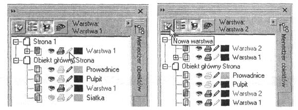 5. Pojawiło si okno dialogowe Meneder obiektów. Kliknij na wizerunku ołówka w rzdzie Warstwa l, aby usun zaznaczenie warstwy aktywnej.