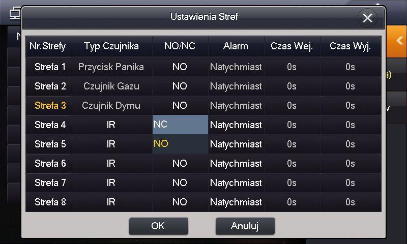 otwarte okno umożliwiające zmianę: typu strefy, sposobu podłączeniu czujnika, rodzaju alarmu, czasu wejścia i wyjścia.