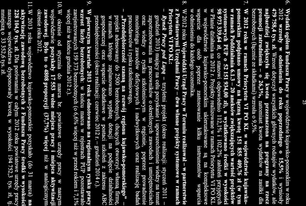 25 6. Wydatki ogółem Funduszu Pracy w województwie kujawsko-pomorskim w roku 2012 wzrosły w odniesieniu do roku poprzedniego o 15,5% i wyniosły 479 758,4 tys. zł.