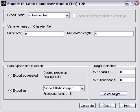 3.4. Eksportowanie filtru W oknie Filter Design & Analysis Tool z menu Targets wybierz Code Composer Studio (tm) IDE. Otworzy się okno Export To Code Composer Studio (tm) IDE.