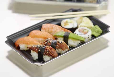 27 Pudełka i miski 2 PUDEŁKA Z WŁÓKNA NA SUSHI Kompostowalne Idealnie przezroczysta pokrywka 1 Materiał Włókno/PBS: maks. +40 C PLA: maks.
