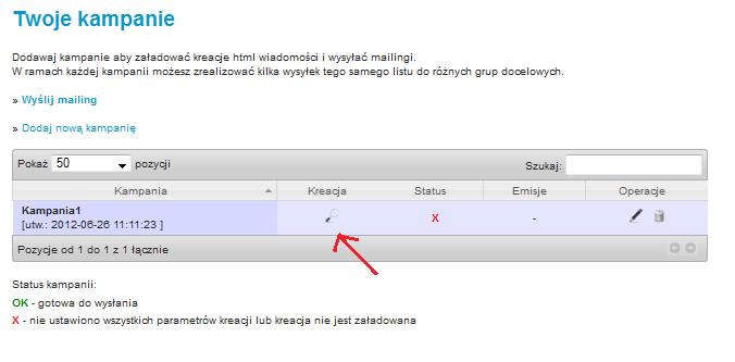 Panel zarządzania kampaniami pozwala na proste zarządzanie kampaniami. Status kampanii oznacza gotowość kreacji do wysyłki, bądź konieczność uzupełnienia poszczególnych elementów.