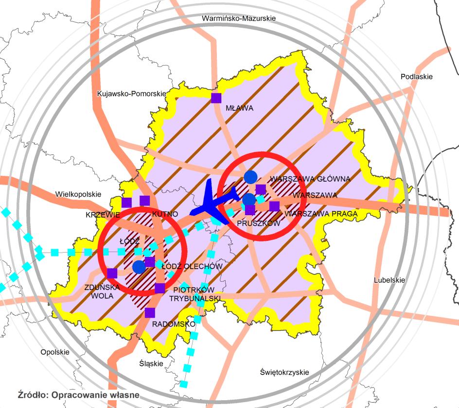 55 Makroregion Polski Centralnej, zlokalizowany na przecięciu dwóch z dziewięciu Transeuropejskich Korytarzy Transportowych sieci bazowej, ma szansę stać się istotnym multimodalnym węzłem