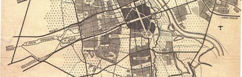Plan of reconstruction of Warsaw from 1946, with loosened structure, districts are divided by green belts, the centre designed between the upper verge of Warsaw Escarpment to Żelazna Street and from