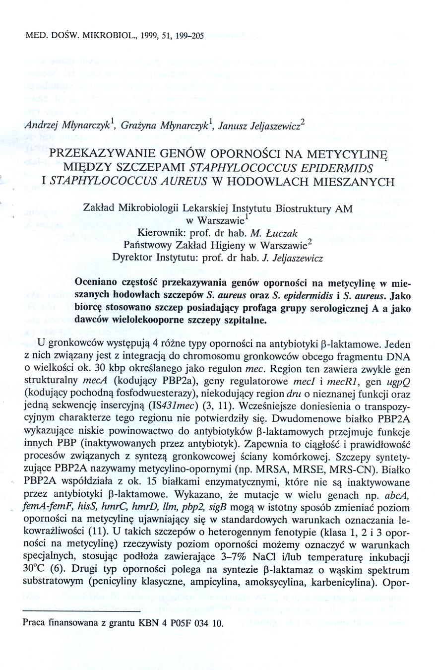 MED. DOSW. MIKROBIOL., 1999, 51, 199-205 Andrzej Mlynarczykl.