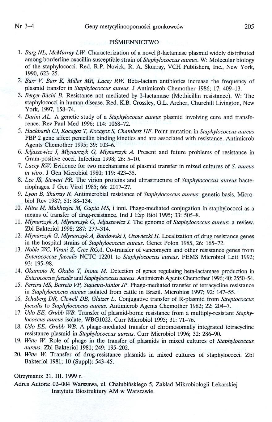 Nr 3-4 Geny metycylinoopornosci gronkowców 205 PISMIENNICTWO 1.