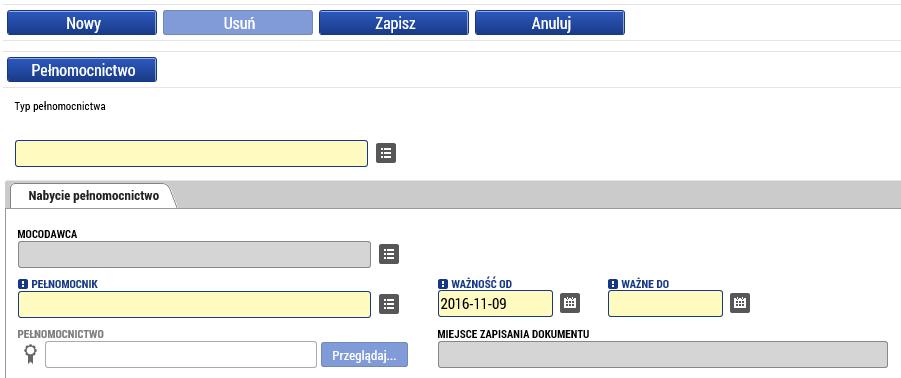 pełnomocnictwa (użytkownik, któremu udzielamy pełnomocnictwa, musi znajdować się wśród użytkowników z prawem dostępu do wniosku (zob. poprzedni rozdział)).
