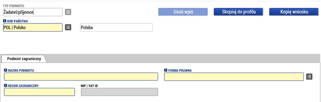 5.6 Podmioty projektu Należy wygenerować zapisy wszystkich partnerów biorących udział w projekcie, zarówno Partnera Wiodącego / Wnioskodawcy, jak i partnera projektowego (ewentualnie kilku).