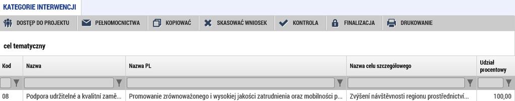 Obszar interwencji w pierwszej kolejności wybieramy nazwę celu szczegółowego, do wyboru mamy jedną opcję zależnie od osi priorytetowej, w