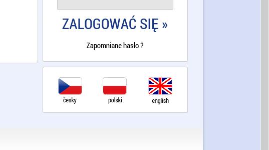 Język strony można zmieniać za pomocą flag znajdujących się pod formularzem logowania. Do wyboru jest język czeski, polski, ewentualnie angielski.