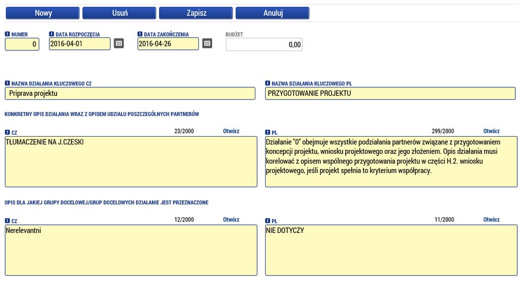 Następnie dla każdego działania należy wybrać partnerów, którzy są włączeni w dane działanie. Po kliknięciu przycisku Wybrać otworzy się lista partnerów, którzy zostali podani w zakładce Podmioty.
