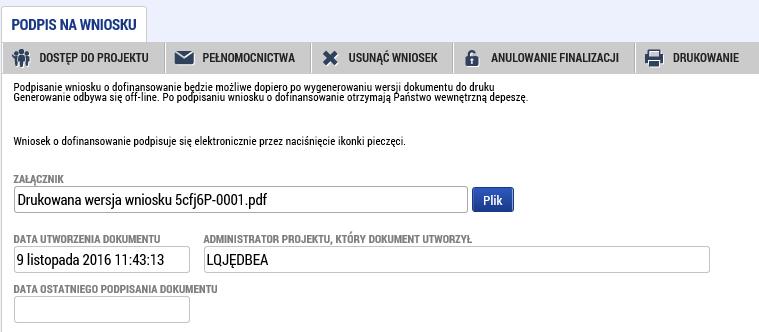 W zakładce Podpis na wniosku należy w pierwszej kolejności wygenerować wersję wniosku do druku za pomocą przycisku Plik Otwórz.