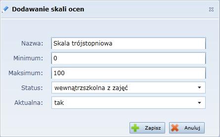 3. W tabeli Skale ocen kliknij ikonę w wierszu dodanej skali wyświetli się strona skali.