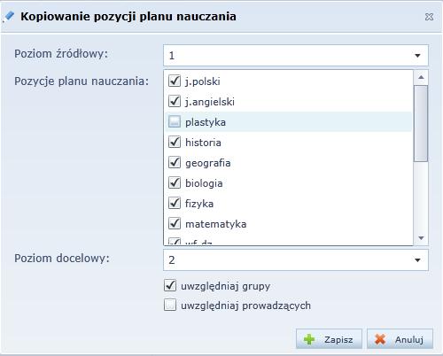 Wyświetl plan nauczania profilu w oddziale w postaci tabeli (karta Plany nauczania widok tabelaryczny). 2. Kliknij przycisk Kopiuj wyświetli się okno Kopiowanie pozycji planu nauczania. 3.