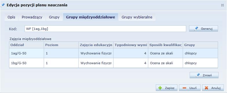 6. Zamknij formularz Edycja pozycji planu nauczania, zapisując wprowadzone zmiany. Wprowadzanie planu lekcji oddziału 1.